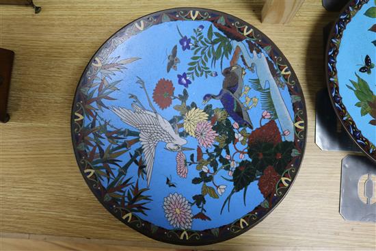 Five Japanese cloisonne enamel dishes of birds amid flowers including a pair largest diameter 30cm